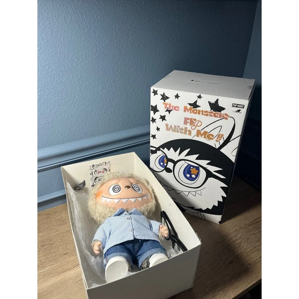 POP MART The Monsters Play With Me Figure Doll Blue‎ Stripe Shirt Denim Shorts